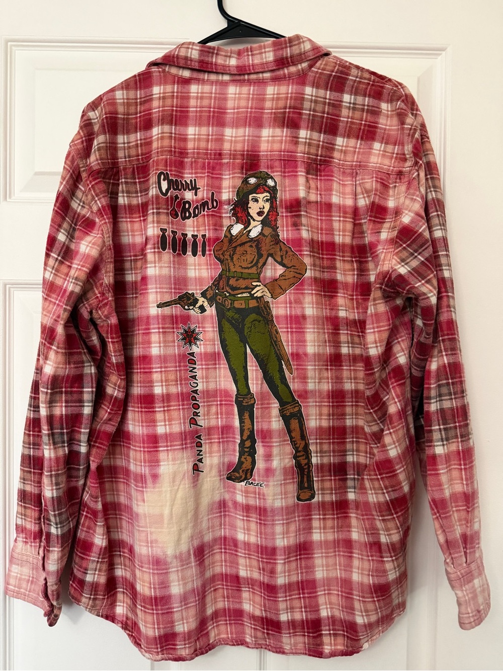 Cherry Bomb Plaid Flannel Shirt Jacket - Pink Red Graphic Back